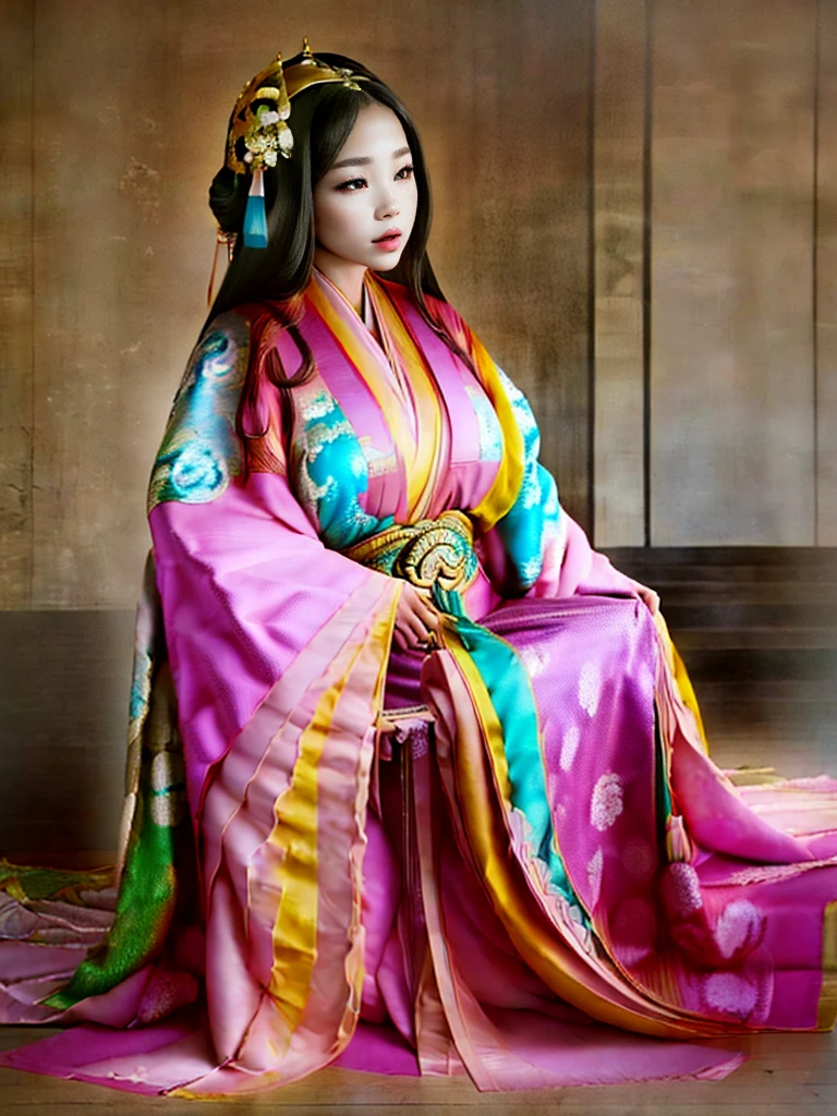 Painting of a woman in a pink and blue dress, Beautiful Fantasy Empress, ancient Chinese Princess, Beautiful character drawings, Chinese Princess, palace, Girl in Han Dress, Princess of an ancient Asian dynasty, Ancient Chinese Beauties, Inspired by Run In, Beautiful and attractive anime woman, Beautiful Fantasy Empress, Beautiful renderings of the Tang Dynasty, Beautiful oriental woman, Empress of China, Highly detailed CG unit 8k wallpaper, masterpiece, High resolution, highest quality, highest quality real texture skin, Super Real, Digital Painting, Best image quality, 最High resolution, 8k, ((Highly detailed eyes and face, Beautiful eyes every detail)), (wariza, seiza, from front, girl sitting, sit on the floor), huge breasts, gigantic breasts, disproportionate breasts, huge breasts, gigantic breasts, open your mouth, 