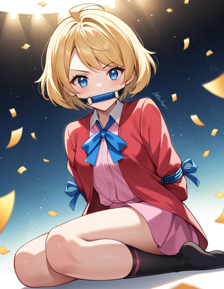 score_9, score_8_superior, score_7_superior, sauce_anime, evaluation_Safety,  \(Pokemon\), One girl, blue eyes, eyelash, short hair, Blonde, Have, Neck ribbon, Blue Ribbon, Pink Shirt, No sleeve, Bare arms, Red jacket, Pink Skirt, Black knee socks, Dutch Angle, hand superior, , Particles of light, light, Dutch Angle, aura, Backlight, Confetti, Particles of light, light, stage, stage lights, Spotlight,Tied up with rope,gag,Struggling,Grim expression