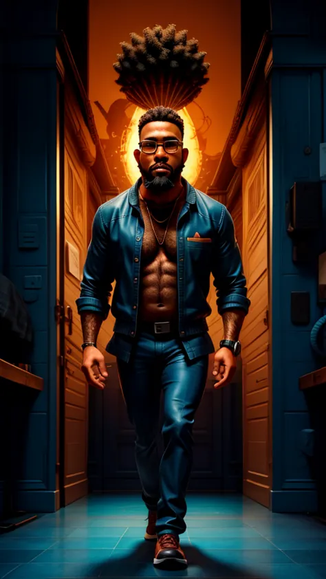 illustration of a 40-year-old black man, tall, with shaved hair, big beard and nerdy glasses. the man is walking towards the vie...