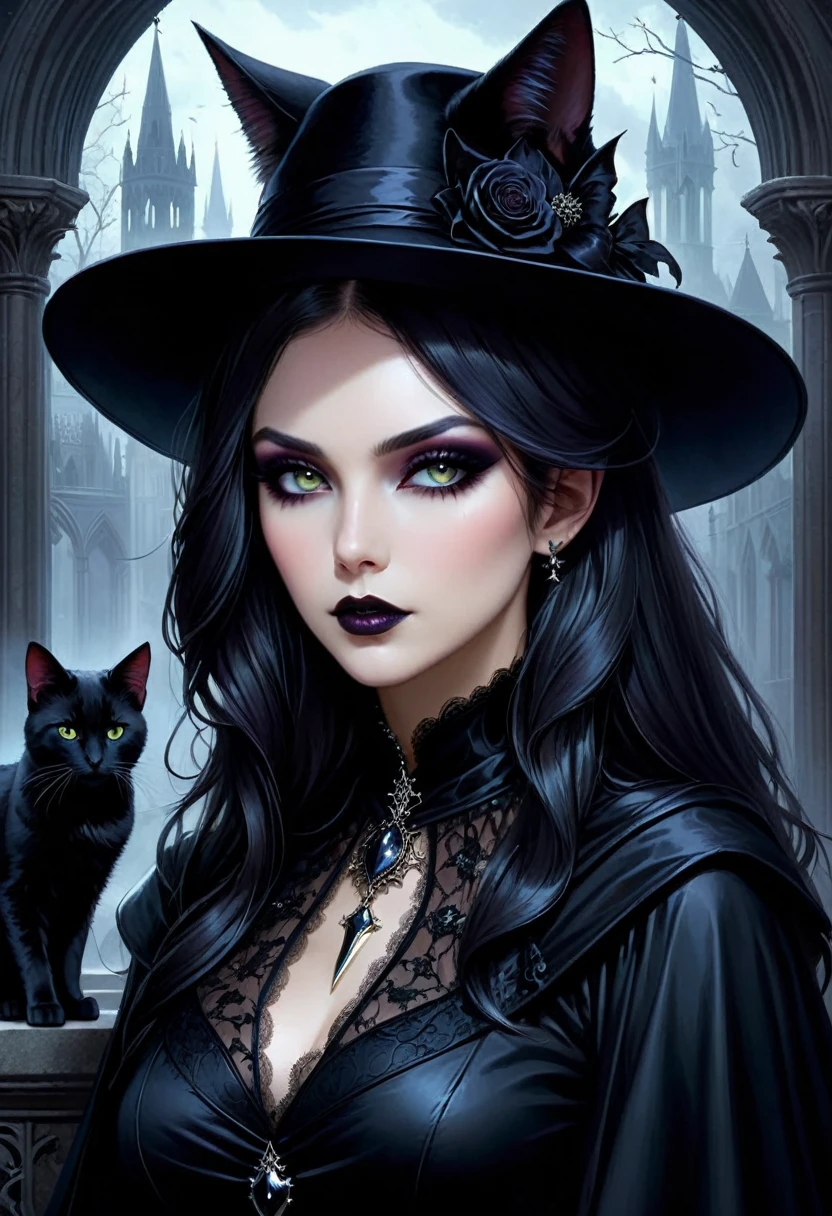 A captivating gothic catgirl, adorned with a black hat, poses against a backdrop of digital art by Yang J. Trendsetting CG society themes intertwine with gothic and fantasy gothic art elements. Her enchanting eyes and dark, mystical aura exude an air of beauty and allure. The artwork, in the style of fantasy, showcases a dark, brooding portrait of a gothic catgirl, with a touch of Tom Bagshaw's distinctive dark fantasy art style.