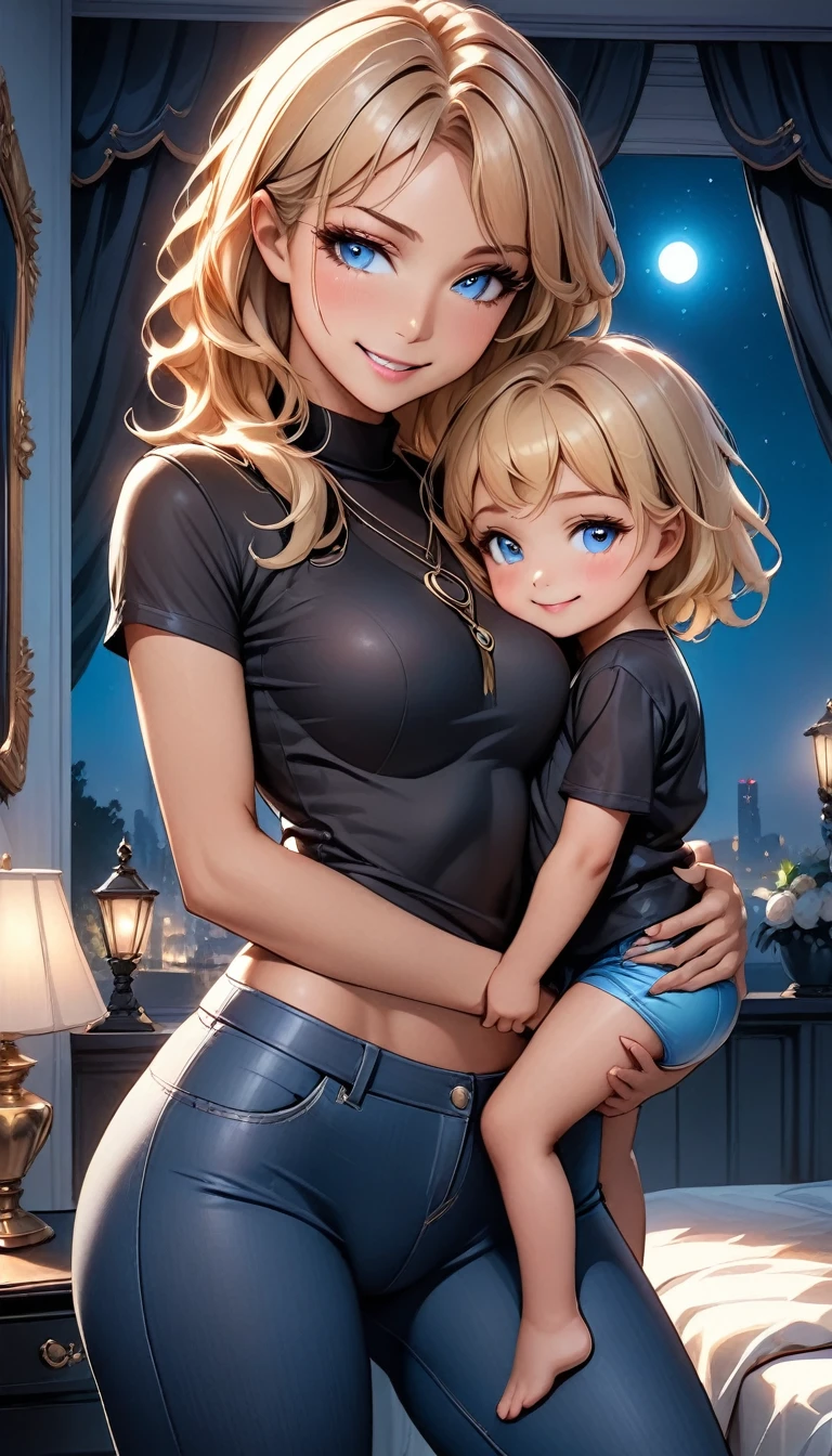 ((Two women)), beautiful mature mom with short straight blonde hair with blue eyes and beautiful young daughter with short layered blonde hair and blue eyes, both wearing Tight Jeans, Sexy Criss Cross Mock Neck Short Sleeves Black Blouse, luxurious jewelry and luxurious necklace, 18k gold wedding ring on left hand, standing in her bedroom at night, hugging each other, (caucasian skin), (light brown lipstick), (elegant mascara), (slim body), (small breasts), (wide hips), midjourney, UHD, high resolution, (masterpiece:1.1, best quality), (expressive eyes, perfect face, full body, expressive face, perfect body, perfect pussy, athletic, fit, slim body, blushing, Perfect makeup, eyeliner, beautiful eyelashes, smiling, horny face), ((best illumination, best shadows)), ((sexy pose)), sysdeep_suzune