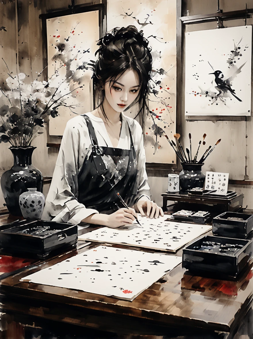 masterpiece,best quality,Aesthetic,Editorial Photography,Urban street photography,Pale towards the audience，Holding a brush and writing calligraphy while sitting at the desk,Girl repairing things,Thousands of items hang on the wall behind her,The style of Junji Ito and Takato Yamamoto,cool theme,Film Grain,Depth of Field,