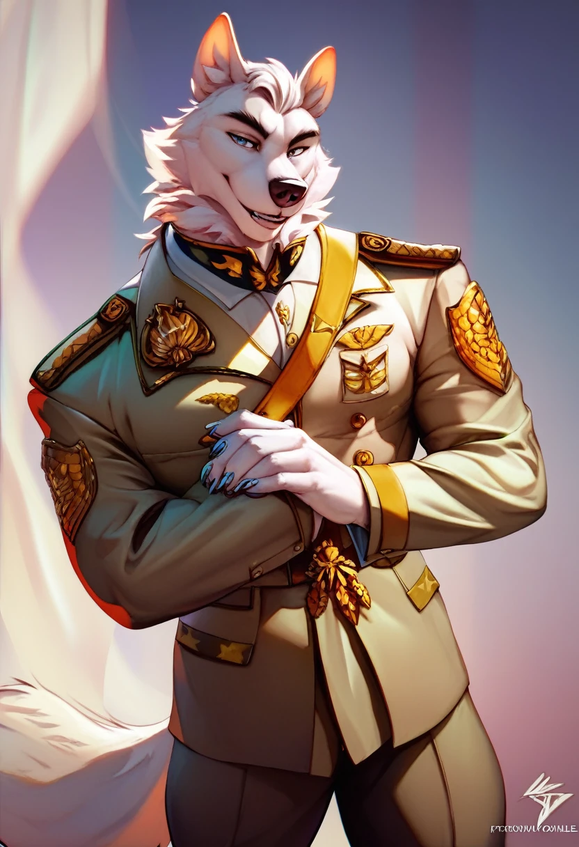 A beautiful detailed (((anthro white wolf goddess commander))), extremely detailed white ghostly fur, Todd McFarlane-inspired military uniform, hourglass body, pose, command center, cinematic lighting, epic dramatic environment, 8k, best quality, masterpiece