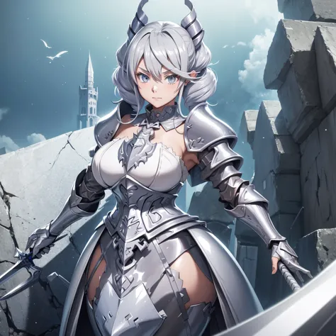 anime girl with sword and armor in a fantasy setting, armor girl, detailed key anime art, covered in full silver armor, high det...