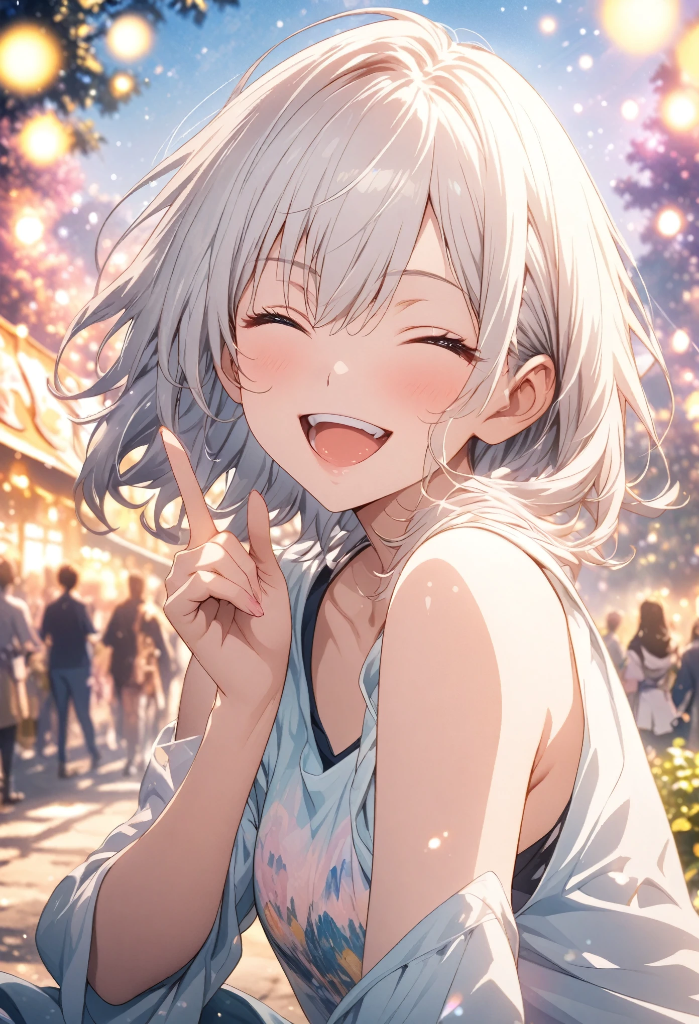 masterpiece, Highest quality, Highly detailed CG Unity 8K wallpapers, High School Girl Anime Illustration. Wear an oversized tank top、Making a finger gun gesture to the audience, she has her eyes closed and mouth open, smile. The background is a light pastel colored landscape., white hair color, Yellow Eyes, Bokeh Photo, (Soft Focus):1.2, Out of focus highlights, Dreamy atmosphere, Glowing circle, Fascinating Depth, The background is also realistic, Depth of written boundary, garden