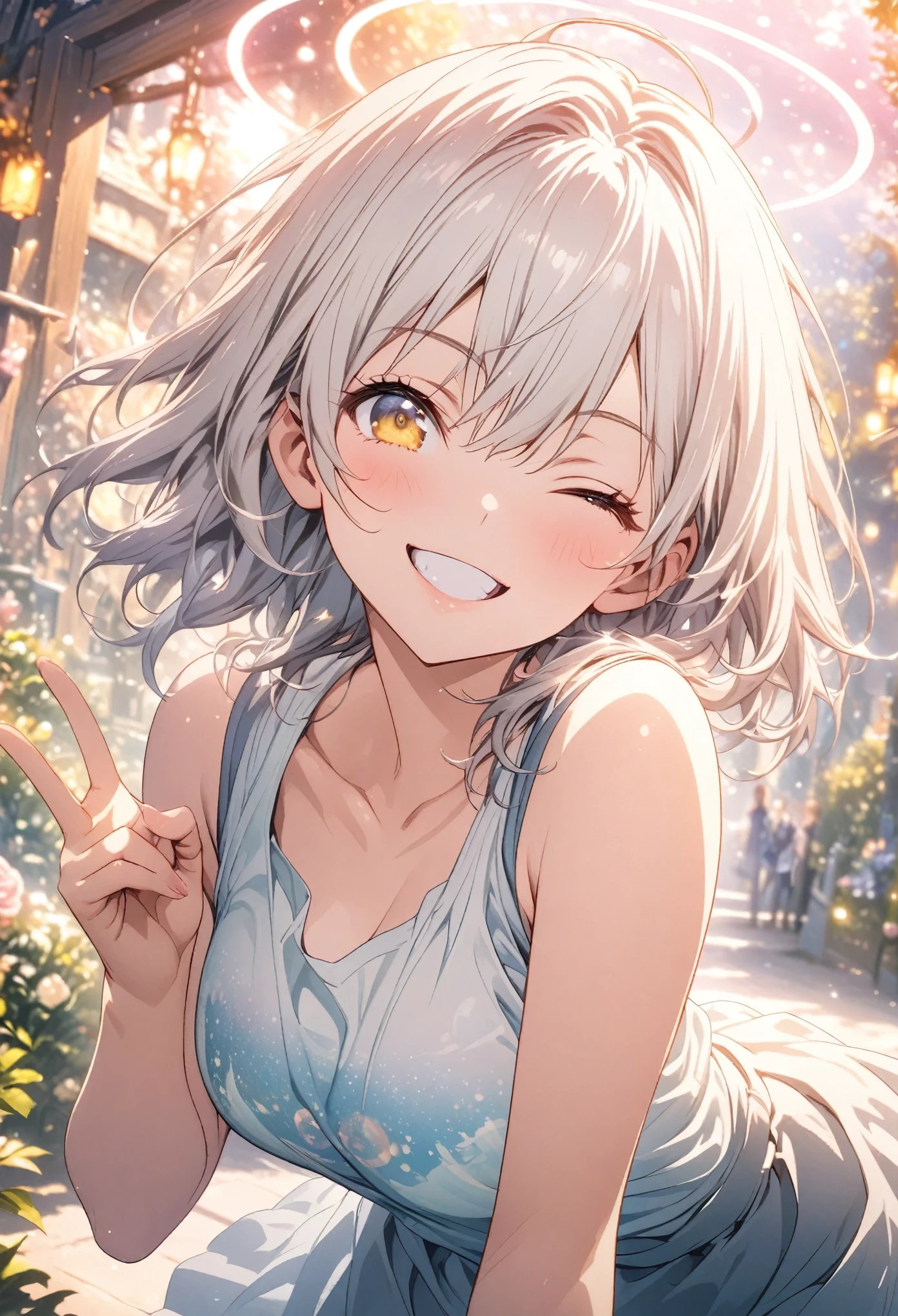 masterpiece, Highest quality, Highly detailed CG Unity 8K wallpapers, High School Girl Anime Illustration. Wear an oversized tank top、Making a finger gun gesture to the audience, she has her eyes closed and mouth open, smile. The background is a light pastel colored landscape., white hair color, Yellow Eyes, Bokeh Photo, (Soft Focus):1.2, Out of focus highlights, Dreamy atmosphere, Glowing circle, Fascinating Depth, The background is also realistic, Depth of written boundary, garden