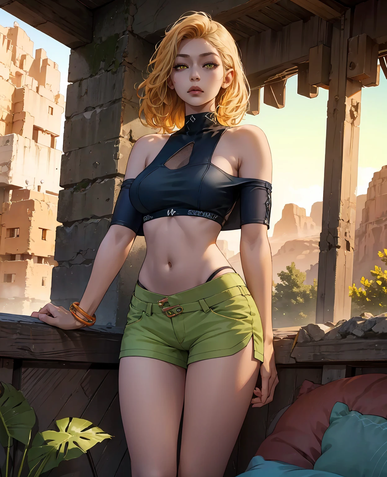 Bright shot: 1.3), epic realistic, yellow eyes, girl raider, (one girl), light gray non-transparent short sleeve top, transparent fabric at the waist, wavy hair 1.4, (dark blue hair), short hair, dark blue and orange color scheme, (light green shorts), aesthetics of wasteland and canyons!!! n ruins, soft cinematic light, Adobe Lightroom, darkroom, HDR, intricacy, green bracelets on the arms, straps from red thrings over transparent fabric at the waist, thong under shorts