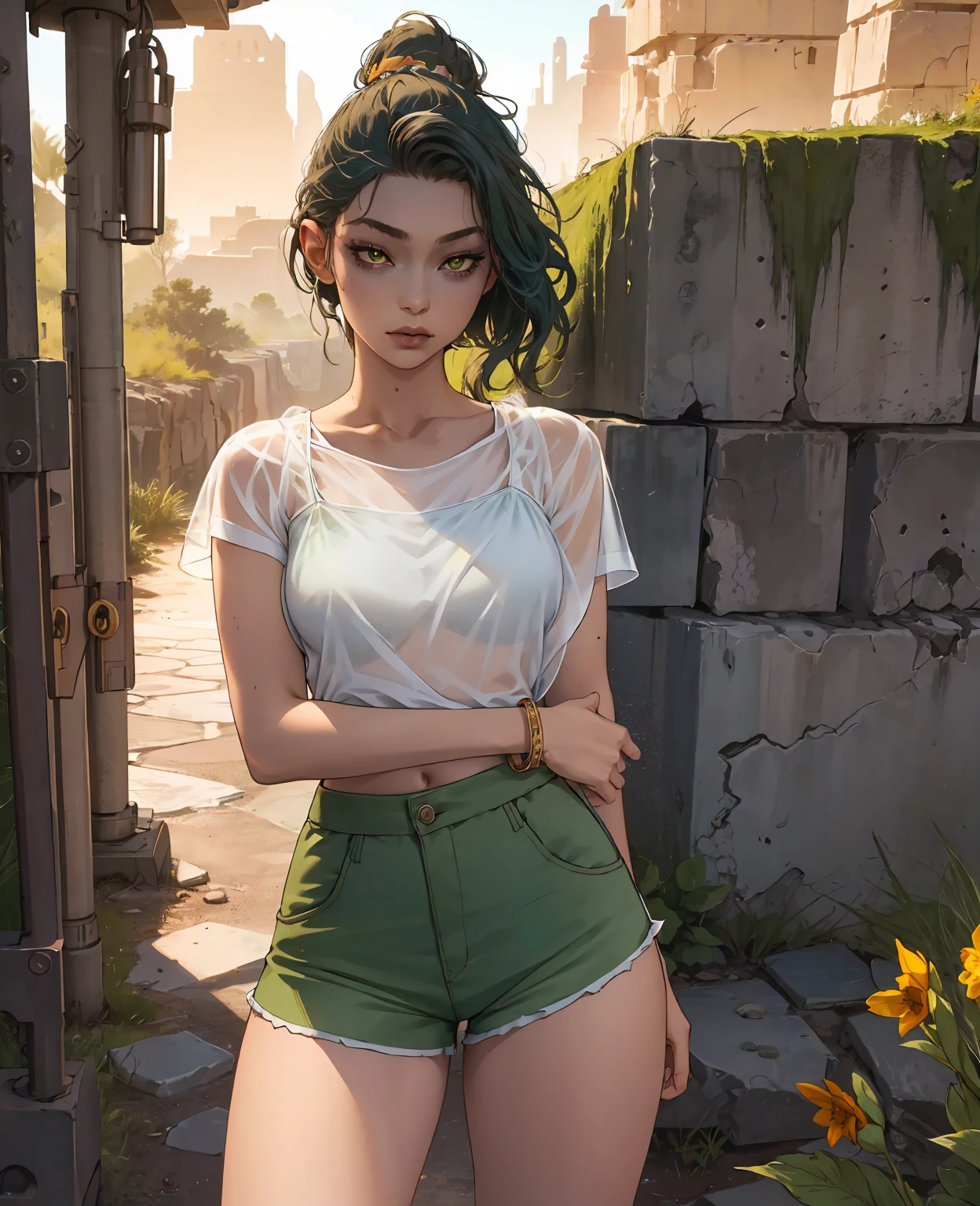 Bright shot: 1.3), epic realistic, yellow eyes, girl raider, (one girl), light gray non-transparent short sleeve top, transparent fabric at the waist, wavy hair 1.4, (dark blue hair), short hair, dark blue and orange color scheme, (light green shorts), aesthetics of wasteland and canyons!!! n ruins, soft cinematic light, Adobe Lightroom, darkroom, HDR, intricacy, green bracelets on the arms, straps from red thrings over transparent fabric at the waist, thong under shorts