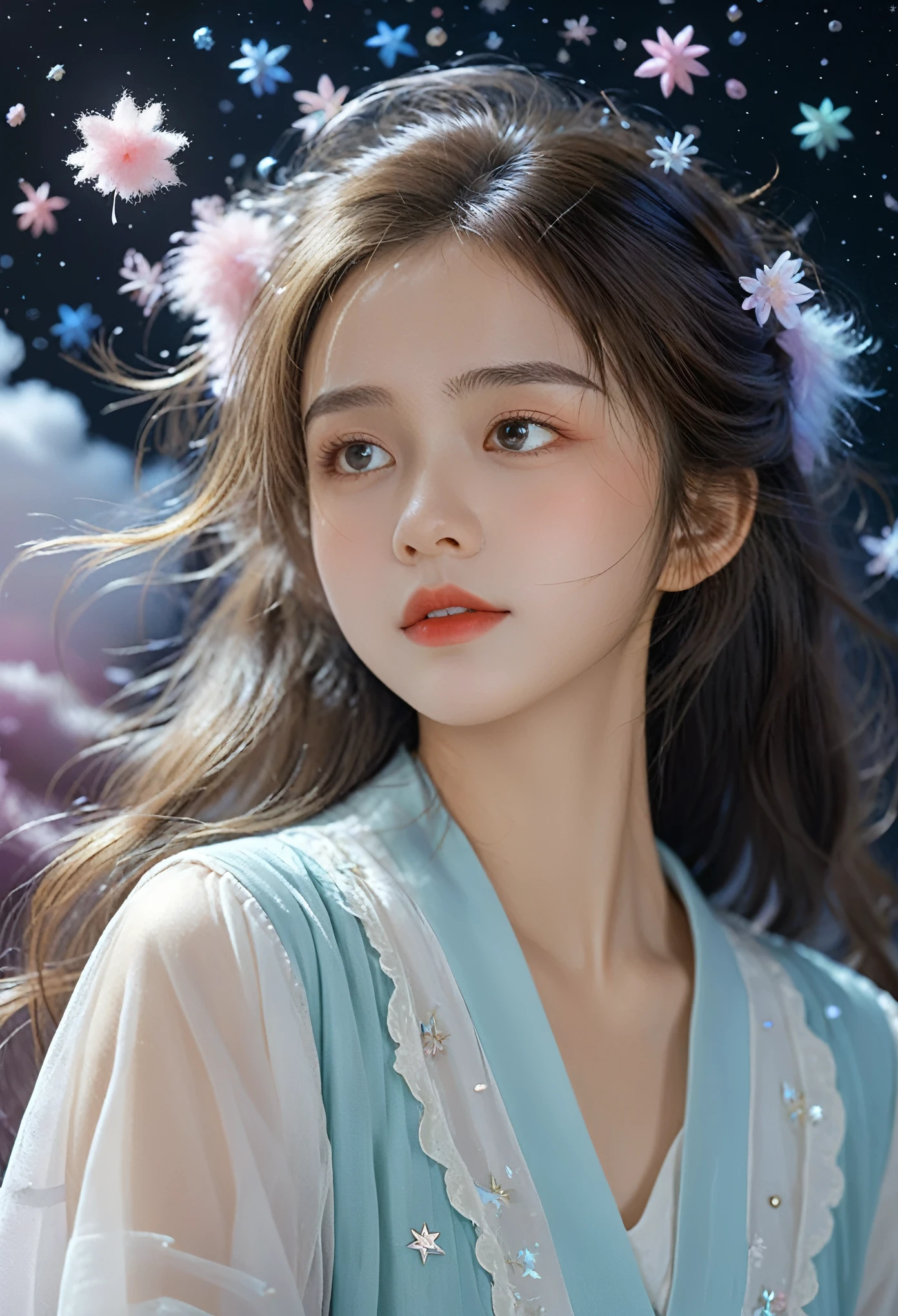 (best quality,4K,8K,high resolution,masterpiece:1.2), The girl in the cloud has fluffy hair like clouds, tiny stars, Fantasy illustration, Dreamy colors, children&#39;Illustration style.Vibrant colors