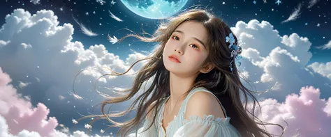 (best quality,4k,8k,high resolution,masterpiece:1.2), the girl in the cloud has fluffy hair like clouds, tiny stars, fantasy ill...