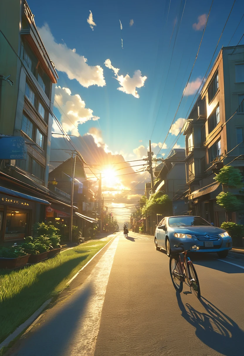 (3d:0.5,Realistic:0.5,photoRealistic:0.5),(Absurd,Super Resolution,masterpiece,Highest quality,In detail,Absurd:1.2), Dramatic Light, Dramatic lighting, Cinematic, Anime Scenery, Makoto Shinkai, Ghibli, Fantasy World, magic, Beautiful sky, cloud, building, bicycle, Airplane trajectory, bird, Dramatic Lighting, Cinematic lighting, sunset, warm sunset, Warm sun, street, Written boundary depth, Lens flare,