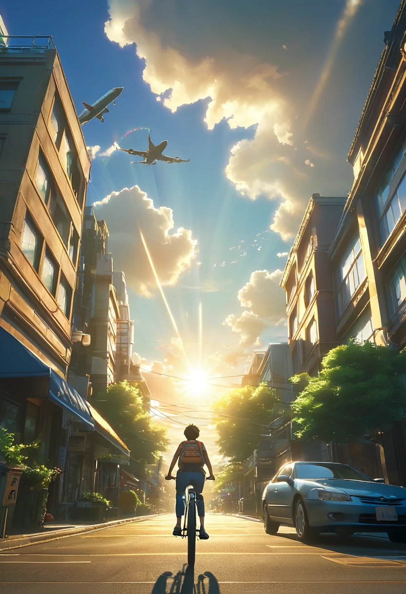 (3d:0.5,Realistic:0.5,photoRealistic:0.5),(Absurd,Super Resolution,masterpiece,Highest quality,In detail,Absurd:1.2), Dramatic Light, Dramatic lighting, Cinematic, Anime Scenery, Makoto Shinkai, Ghibli, Fantasy World, magic, Beautiful sky, cloud, building, bicycle, Airplane trajectory, bird, Dramatic Lighting, Cinematic lighting, sunset, warm sunset, Warm sun, street, Written boundary depth, Lens flare,