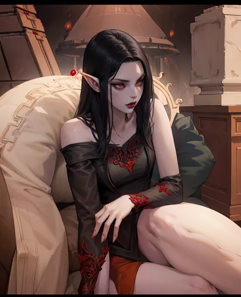 a devilish woman with black hair, pale skin, and red eyes, wearing an elf-like costume, in a dark and mysterious setting, 1girl,...