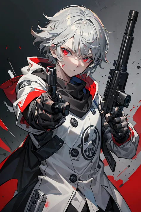 handgun、looking at the camera、((aim the gun at the camera))、((upper body))、((gray hair))、((photograph from the front))、(((((gun)...