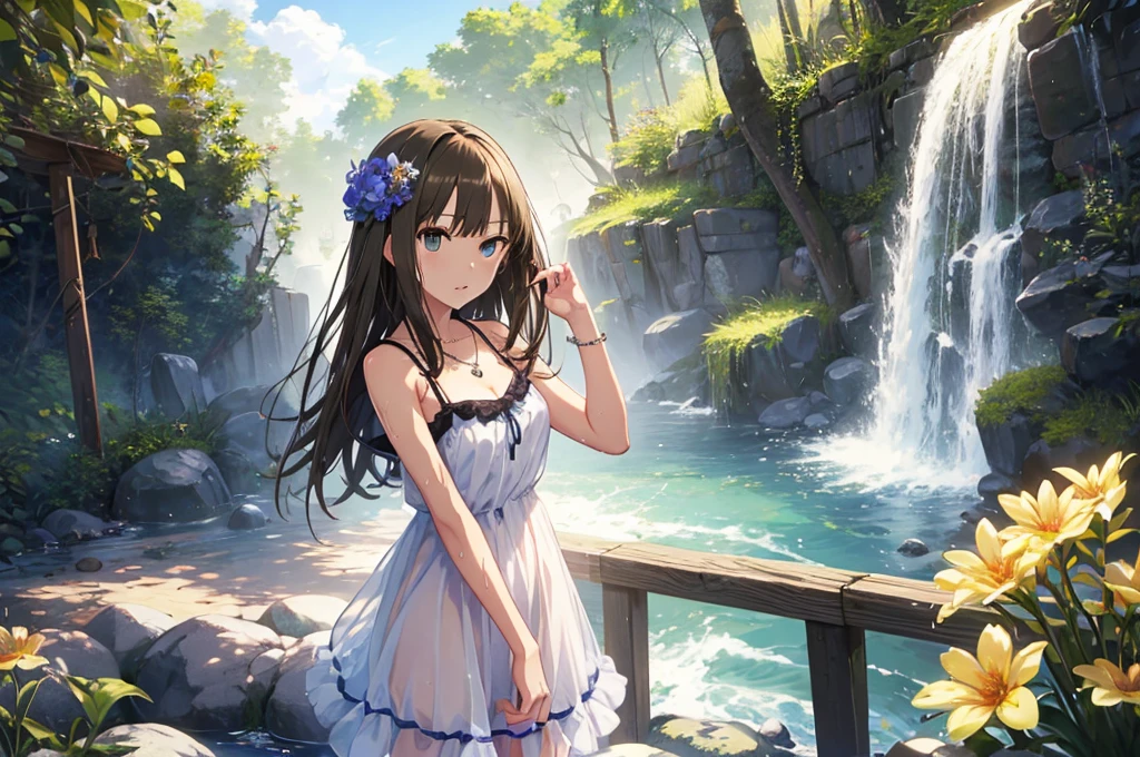 Highest quality、Masterpiece、Highest Resolution、Shibuya Rin、Standing at the waterfall、sweet、Wet and transparent camisole dress、Body lines are visible、Flower Hair Ornaments、necklace、slender、View Viewer