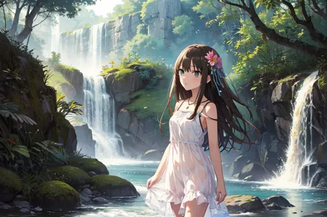 highest quality、masterpiece、highest resolution、shibuya rin、standing at the waterfall、sweet、wet and transparent camisole dress、bo...