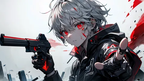 handgun、((aim the gun at the camera))、((upper body))、((gray hair))、((photograph from the front))、(((((gun))))),((((pointing the ...