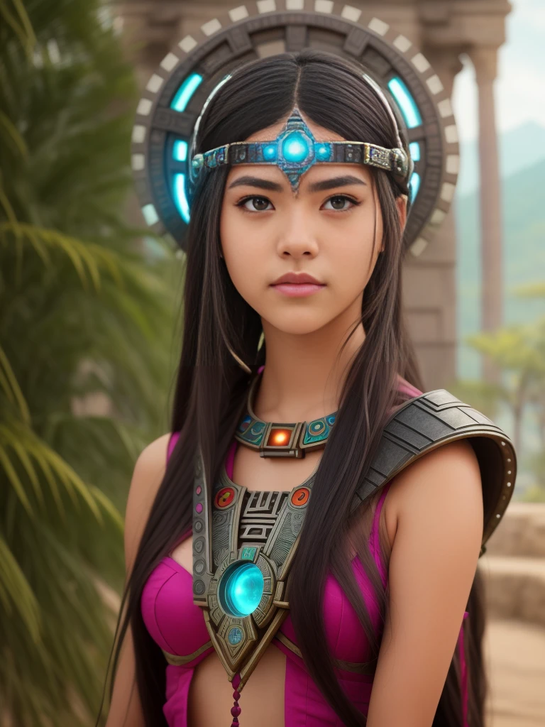 Create a photograph of a young cyborg girl with the ability to manipulate time, who travels back to ancient Aztec civilization to prevent her ancestors from sacrificing their own. Using her powers, she creates a time portal with a vibrant color scheme, to reveal the beauty of Aztec architecture, with a fusion of traditional anime-inspired character design and scenic shots.