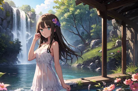 highest quality、masterpiece、highest resolution、shibuya rin、dark eyes、standing at the waterfall、sweet、wet and transparent camisol...