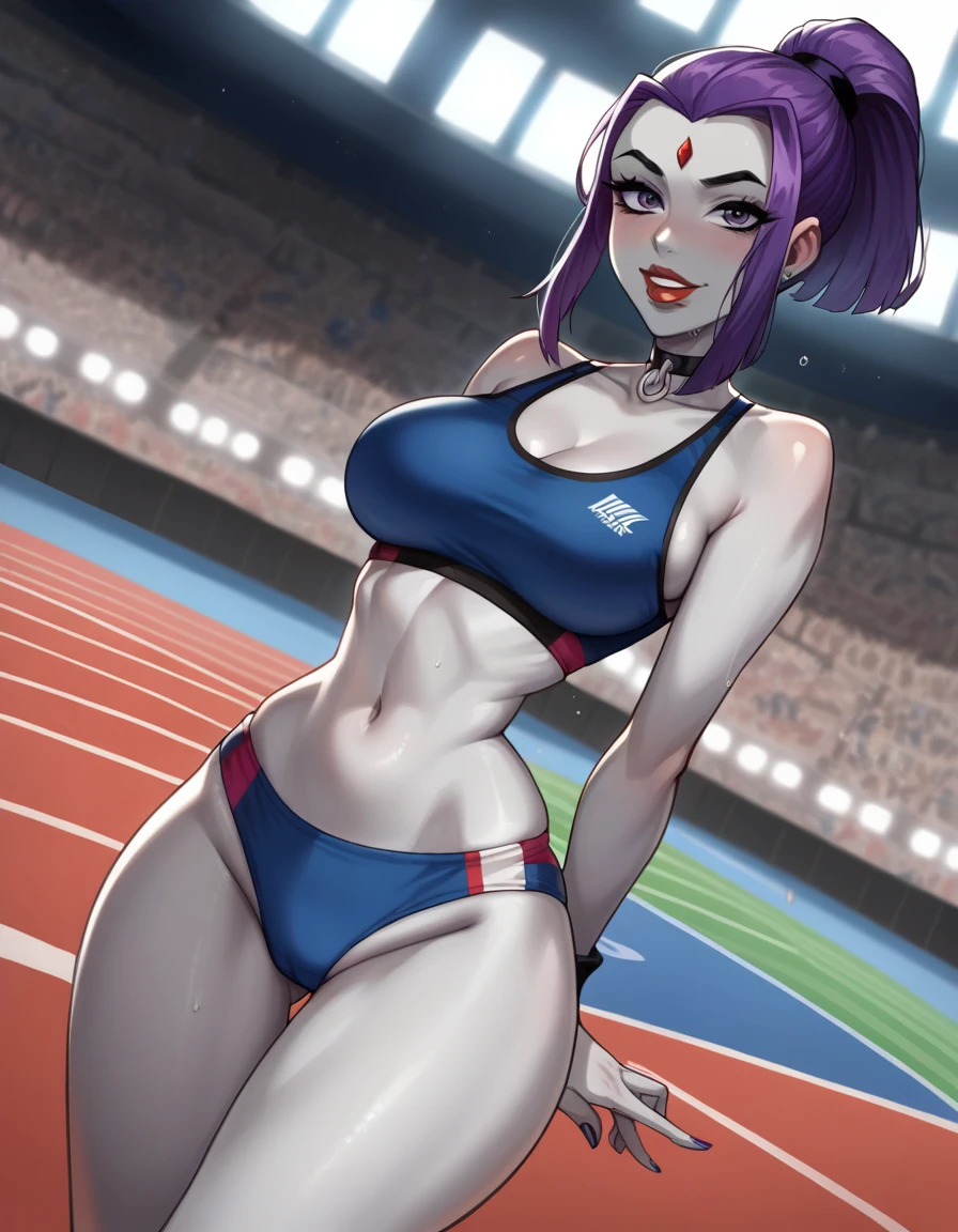 score_9, score_8_up, score_7_up, source_anime, fsports bra, competition sports bra, (purple bra), (purple buruma), Stadium full of people. Olympics. white trims, best quality, expressive eyes, short ponytail, high ponytail,, realistic BREAK 1girl, solo, ((grey skin)).  looking at viewer, dutch angle, looking up, smile,, Goth raven form teen titans, (big hips), hourglass body, happy, thigh gap, underwear, lips, red lips, lipstick,  BREAK, purple hair, parted lips, high waisted panties,nail polish, ((narrow waist)), looking at viewer, thighs, indoors, 