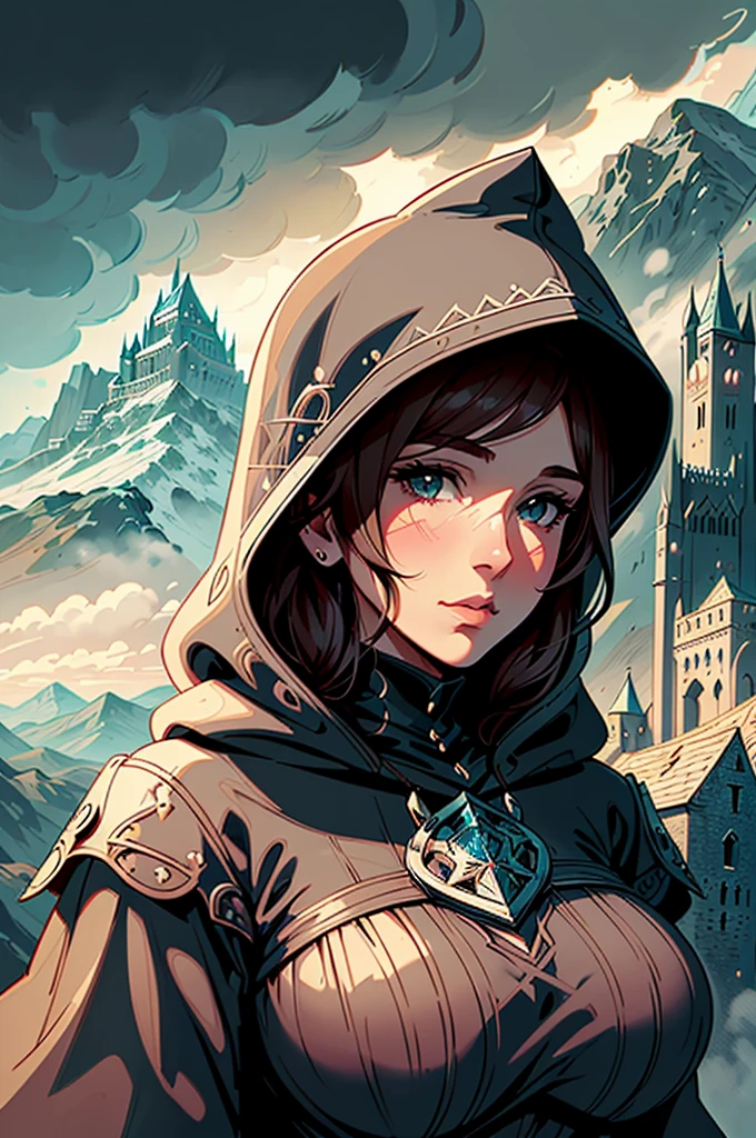 Draw an illustration of a woman from the front, with a hood that covers your face. No fundo, illustrate a fantasy kingdom with a large castle, surrounded by mountains and a dramatic sky. The illustration style should be non-realistic, with fantasy touches and artistic details.
