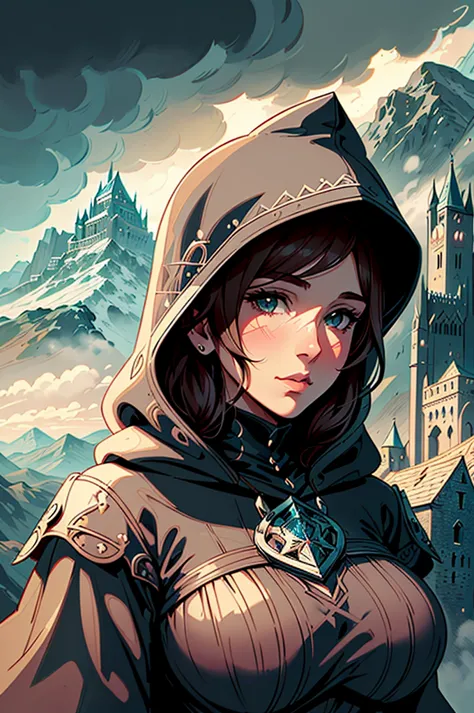 draw an illustration of a woman from the front, with a hood that covers your face. no fundo, illustrate a fantasy kingdom with a...