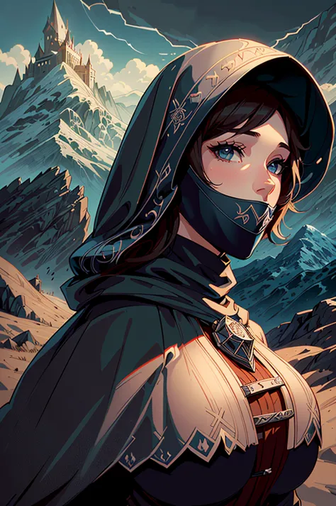 draw an illustration of a woman from the front, with a hood that covers your face. no fundo, illustrate a fantasy kingdom with a...