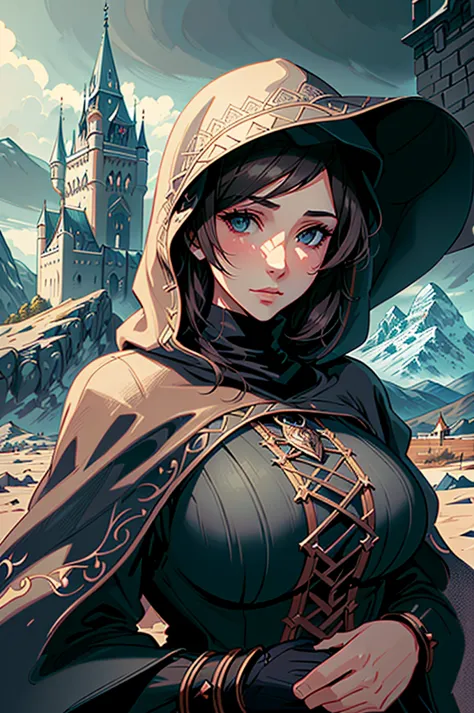 draw an illustration of a woman from the front, with a hood that covers your face. no fundo, illustrate a fantasy kingdom with a...