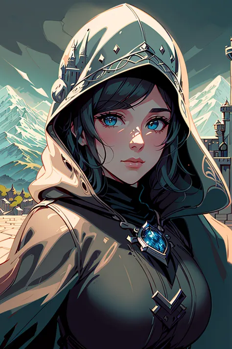 draw an illustration of a woman from the front, with a hood that covers your face. no fundo, illustrate a fantasy kingdom with a...