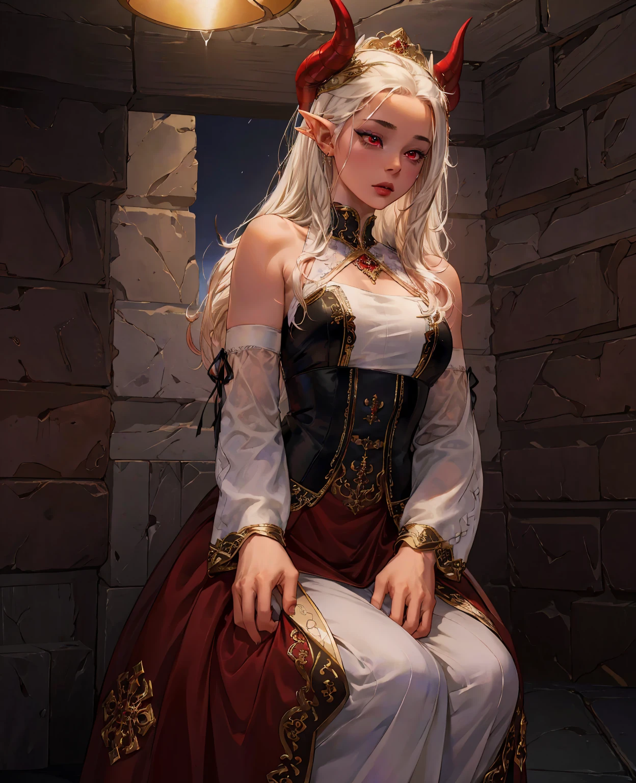 a devilish woman with black hair, pale skin, and piercing red eyes, wearing an elaborate elf-like costume, in a dark and mysterious fantasy setting, (best quality,4k,8k,highres,masterpiece:1.2),ultra-detailed,realistic,photorealistic,photo-realistic:1.37,HDR,UHD,studio lighting,ultra-fine painting,sharp focus,physically-based rendering,extreme detail description,professional,vivid colors,bokeh,dark fantasy,dark and moody,glowing red eyes,pale complexion,intricate costume,detailed facial features,dramatic lighting,gothic,cinematic