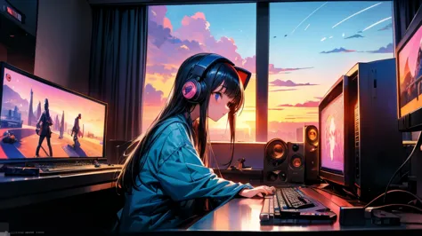 high resolution,high resolution,high quality,girls playing games,gaming computers,erogeo art style, roffey art, zero vibrations,...