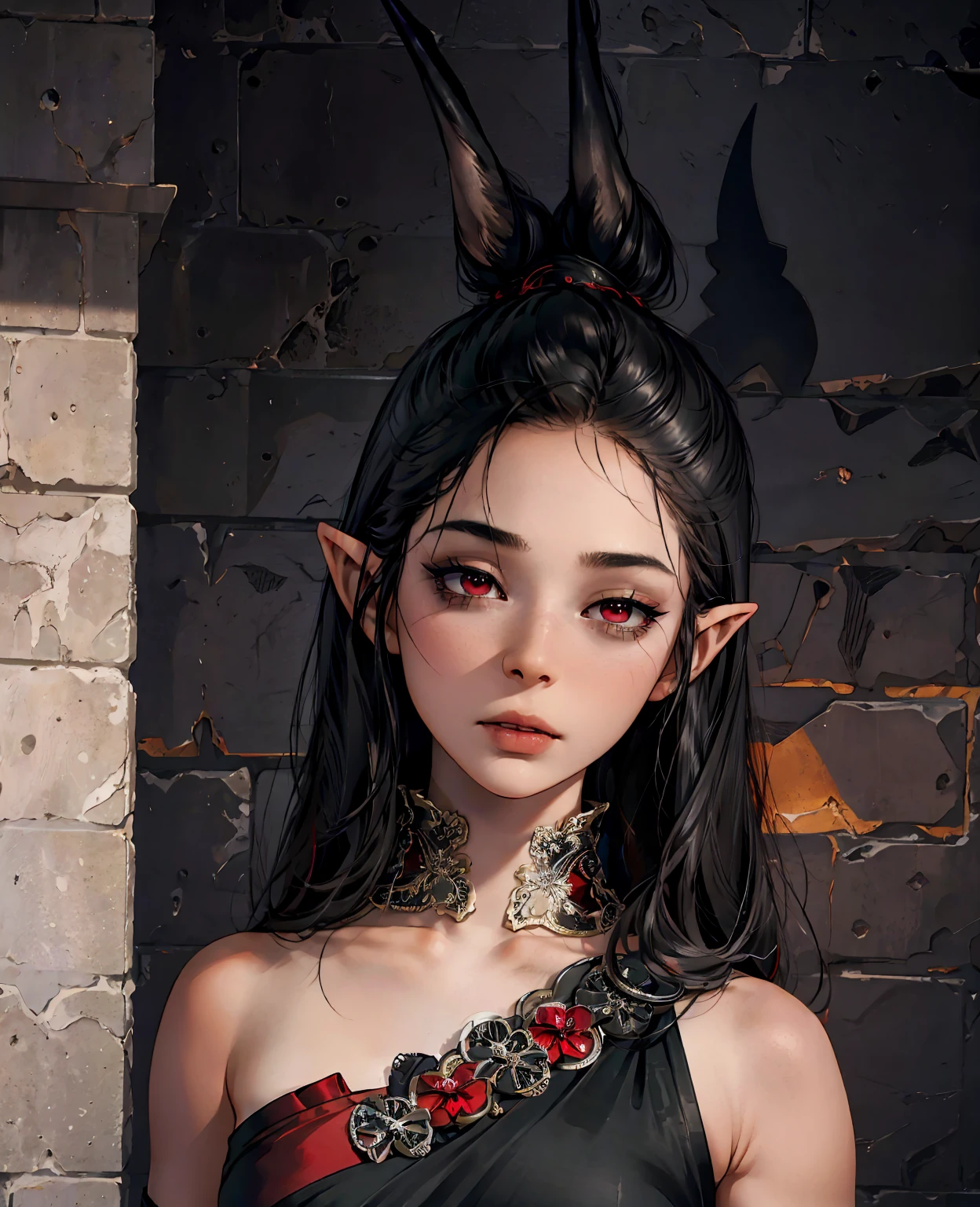 a devilish woman with black hair, pale skin, and red eyes, wearing an elf-like costume, in a dark and mysterious setting, 1woman, detailed facial features, beautiful detailed eyes, beautiful detailed lips, extremely detailed face, long eyelashes, elf ears, dark fantasy, dark magic, dark and moody, gothic, dramatic lighting, dramatic shadows, deep red and black color scheme, cinematic, unreal engine, octane render, highly detailed, 8k, masterpiece, photorealistic