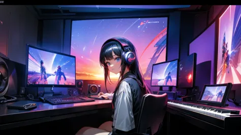 high resolution,high resolution,high quality,girls playing games,gaming computers,erogeo art style, roffey art, zero vibrations,...