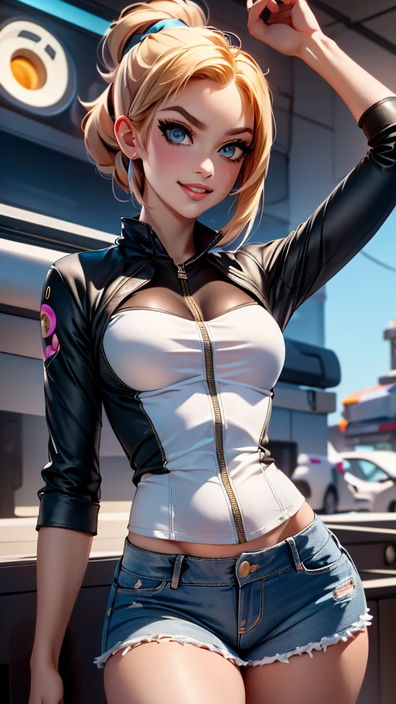 Image of Chloe Price costume in Overwatch - Character Creator Screen:

An intricately detailed, alluring portrait of Chloe Price, Donut Shop proprietor and protagonist from Life is Strange, as she adopts her Overwatch character. This breathtaking image, rendered in 8K high quality, is reminiscent of a stunningly realistic photo, showcasing Chloe's youthful visage, with her distinct strikingly blue eyes and a hint of her signature mischievous smile.

Positioned in the Overwatch character creator screen, the design of her costume is faithful to her original appearance - a long-sleeved purple top, distressed denim shorts