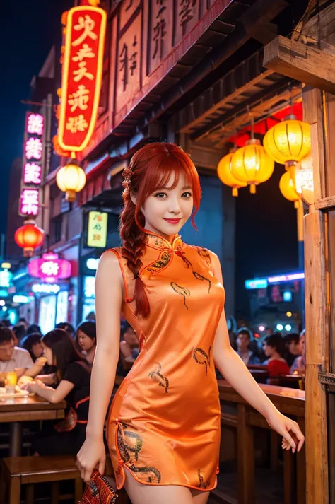 beautiful princess of the city、lipgloss、shy smile、whole body、good style、、、、、big scorpion print tight mini cheongsam dress、braid、...