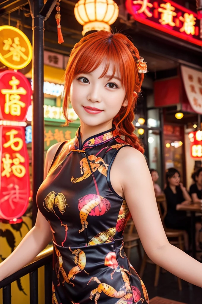 beautiful princess of the city、lipgloss、shy smile、whole body、good style、、、、、Big Scorpion Print Tight Mini Cheongsam Dress、Braid、neon orange hair、Cinematic Light、large chinese restaurant background