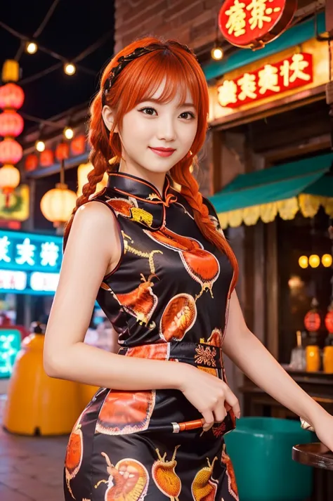 beautiful princess of the city、lipgloss、shy smile、whole body、good style、、、、、big scorpion print tight mini cheongsam dress、braid、...