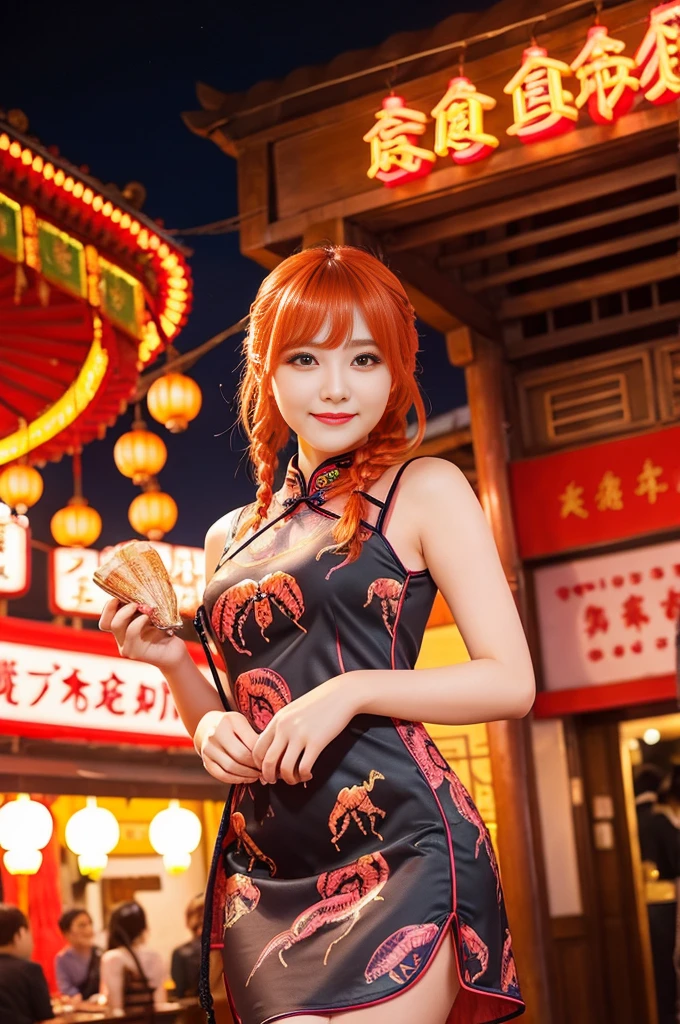 beautiful princess of the city、lipgloss、shy smile、whole body、good style、、、、、Big Scorpion Print Tight Mini Cheongsam Dress、Braid、neon orange hair、Cinematic Light、large chinese restaurant background