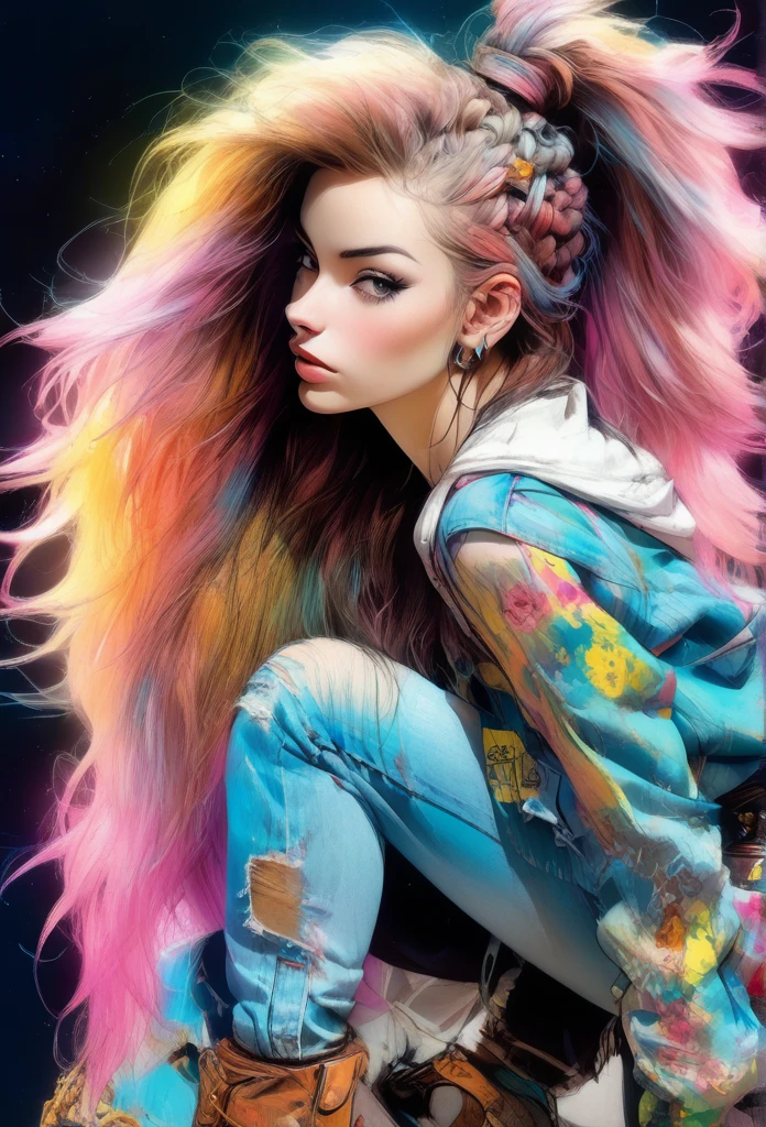 (best quality,4k,8k,highres,masterpiece:1.2),ultra-detailed,(realistic,photorealistic,photo-realistic:1.37),1 girl,hip-hop style outfit,high ponytail,incredibly long hair,cowgirl pose,looking at viewer,leaning forward,by Santiago Caruso,by Mike Azevedo,detailed eyes,detailed lips,extremely detailed face,long eyelashes,dynamic pose,colorful,vibrant colors,warm lighting.ac_neg1