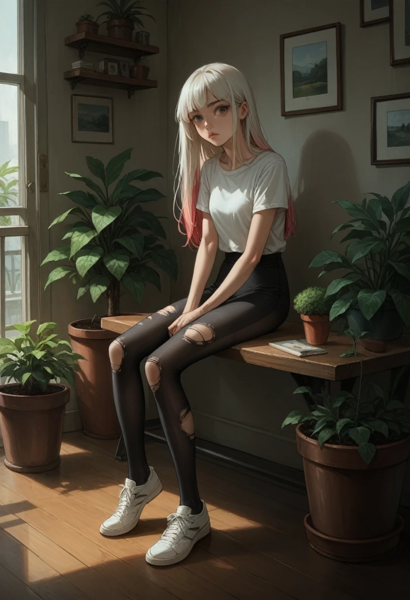 check_9, check_8_up, check_7_up, check_6_up, source_anime, masterpiece, newest,
very detailed, 1 girl, slim, innocent, sitting, hands at sides, long hair, opaque tights, without shoes, multicolored hair, multicolored hair,  casual wear, realistic, Long legs, potted plants, torn tights