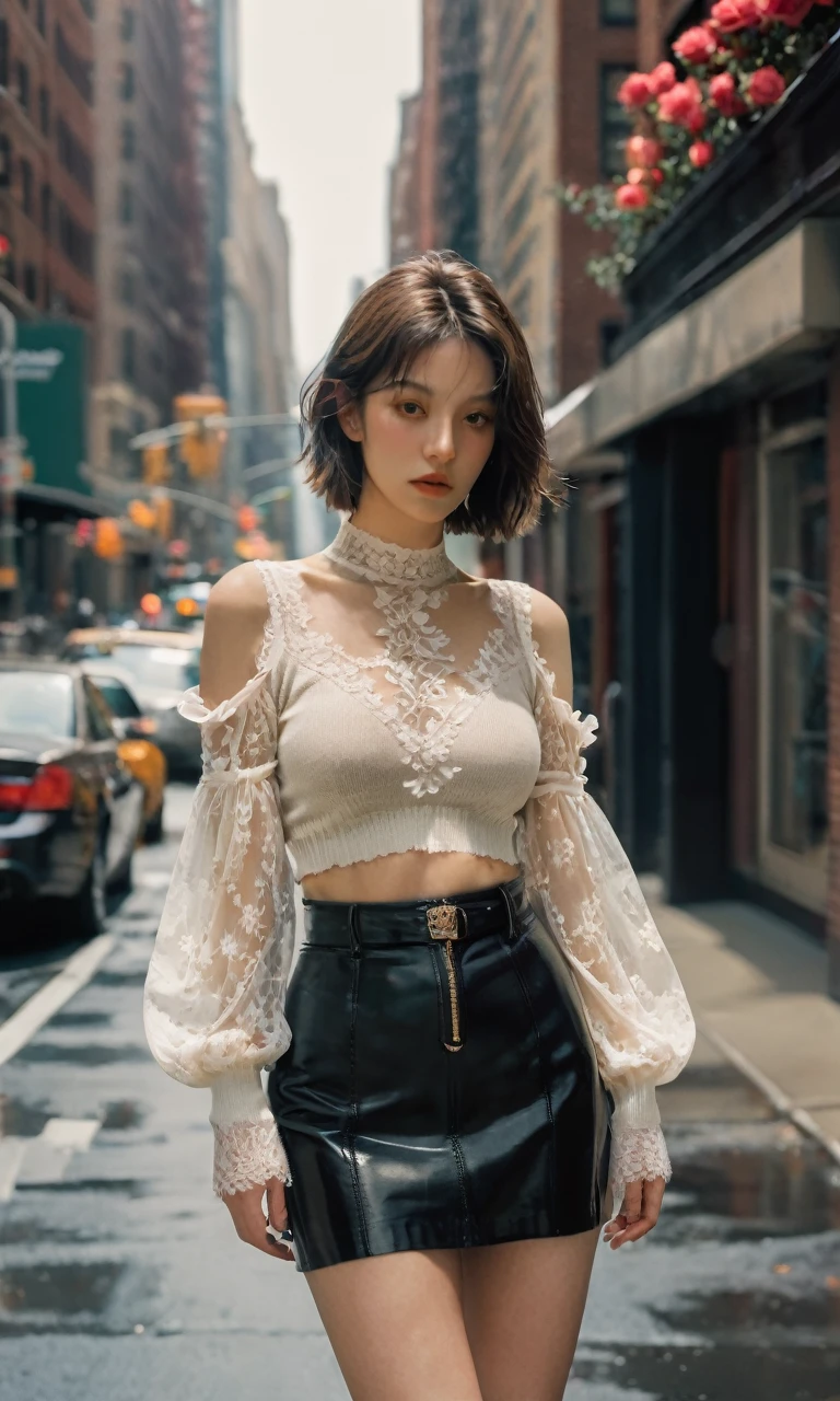 girl,1 female, Delicate eyes,Delicate face , big breasts,Thigh details, On the streets of New York, Detailed background, Movie Shadows, Dramatic Lighting by Bill Sienkiewicz, ( SimplepositiveXLv1:0.7), _girl, Aesthetic portrait, Low angle shot of cowboy, tight sweater, (Field of Roses :1.4),
(Puff sleeves:1.3), lace mini skirt, Model pose,