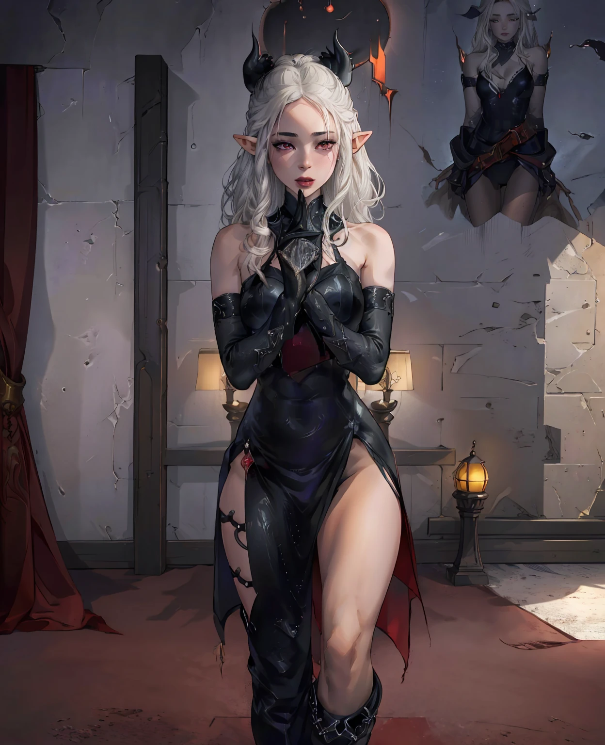 a devilish woman with long black hair,pale skin,red eyes,wearing an elf-like costume,in a dark and mysterious setting,(best quality,4k,8k,highres,masterpiece:1.2),ultra-detailed,(realistic,photorealistic,photo-realistic:1.37),dark fantasy,gothic,dramatic lighting,dramatic shadows,cinematic,moody,dramatic colors,deep reds,blacks,grays