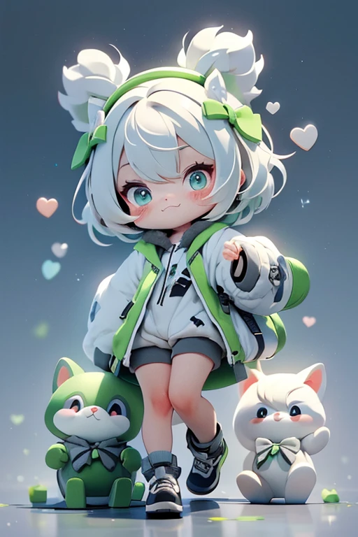 Adorable cute animals, Chibi Style, Stocky, short, Dark grey fur, White hair around the legs, very light green eyes, Cute Smile, Bruises and gestures，Dynamic pose，