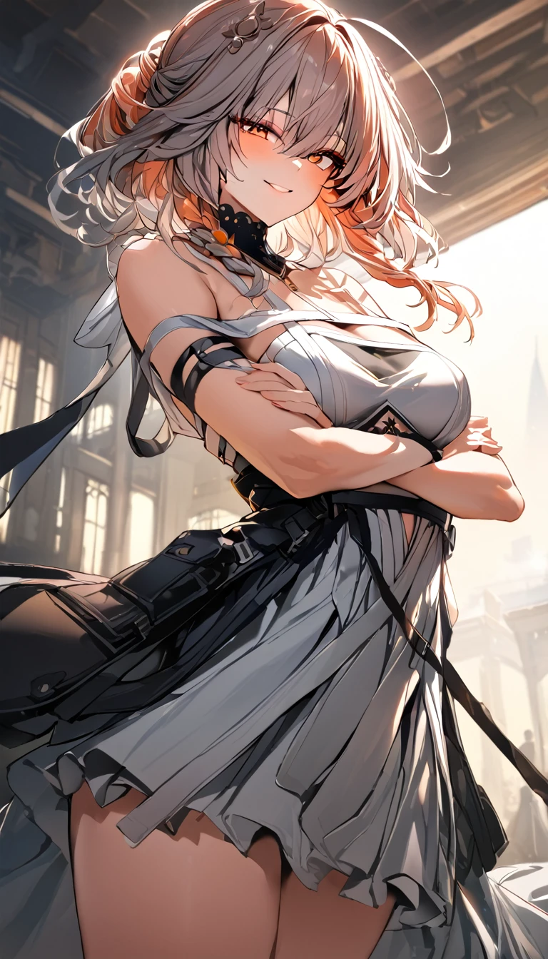 ((masterpiece)),((Highest quality)),High resolution,Perfect lighting,Dusty(arrival), One Woman, chest, alone, Orange eyes, View your audience, Expose your shoulders,White Dress,大きなchest, Redhead, Striped Hair, Gray Hair, Captivating smile, from the front, Cowboy Shot, Arms crossed,