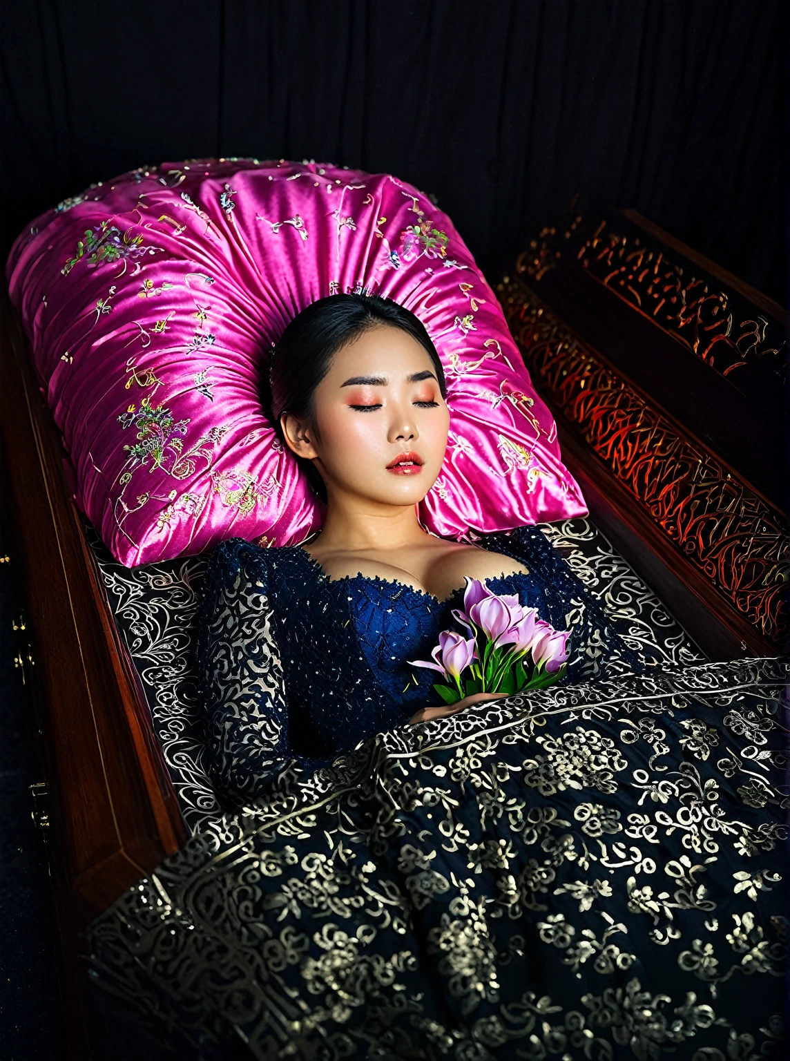 In a striking 8K HDR scene, a stunning Korean woman, 22 years old, lies peacefully in a coffin and coffin cover surrounded by plush pillows behind head. The deep box is set against a rich black background, accentuating the beauty of the subject. Her exquisite deep-V neckline kebaya attire is embroidered with superb detail, showcasing her round and firm breasts, perfect cleavage, and beautiful eyebrows. Her closed eyes and mouth give an air of serenity, while her visible and absolute cleavage leave nothing to imagination. The scene is bathed in saturated colors, highlighting every intricate aspect from the ball skirt to her clean face, straight body, detailed hand perfect hands, straight body, own hands together, own hand on stomach, detailed hands, perfect hands, holding the flowers