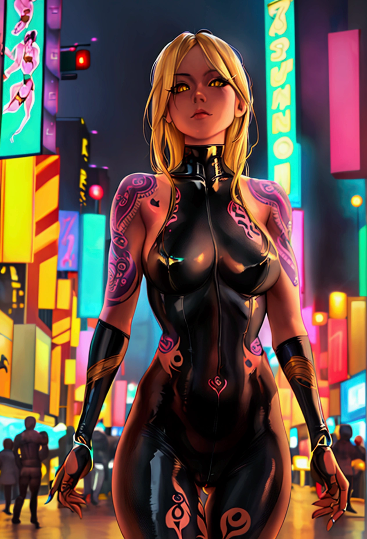 Heavily tattooed woman, open thighs,standing, solo,camel toe,black high leg bodysuit, second skin bodysuit, blonde hair, hazel eyes, skin tight, bare arms, black knee high boots,realistic,photorealistic, jack o pose, (correct anatomy), (human anatomy), (perfect posing), background is a crowded street of a neon lit cyberpunk city 