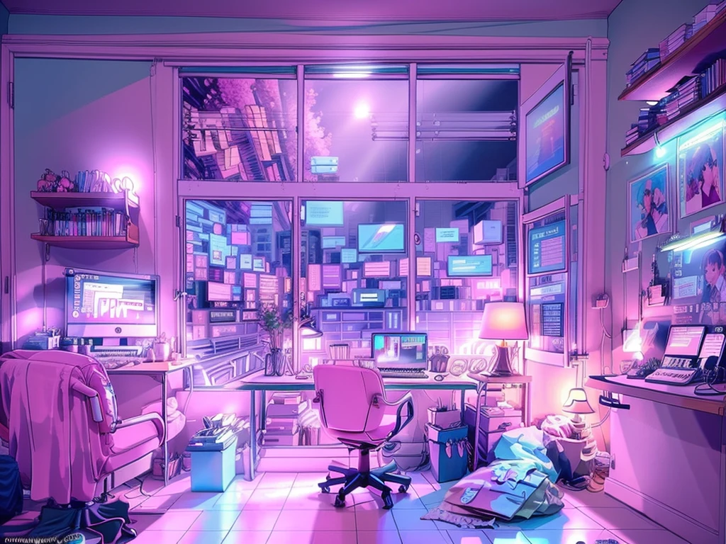 One is a trader, pink theme, anime styling, computer, livingroom, in the computer screen is chart stock night light , (highy detailed:1.2), (warm light:1.2), work of art, ultra realistic,32 mil, Extremely detailed CG 8k unity wallpaper, best qualityer  (work of art,best qualityer:1.5)