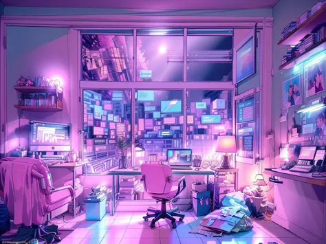 one is a trader, pink theme, anime styling, computer, livingroom, in the computer screen is chart stock night light , (highy det...