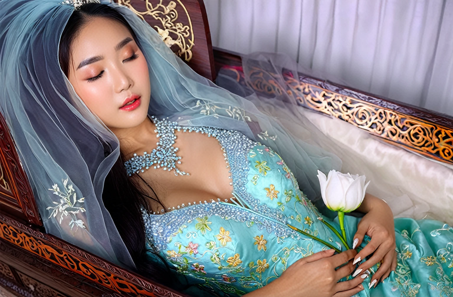 In a striking 8K HDR scene, a stunning Korean woman, 22 years old, lies peacefully in a long coffin and coffin lid beside the dead body. surrounded by plush pillows behind head. The deep box is set against a rich white background, accentuating the beauty of the subject. Her exquisite deep-V neckline kebaya attire is embroidered with superb detail, showcasing her round and firm breasts, perfect cleavage, and beautiful eyebrows. Her closed eyes and mouth give an air of serenity, while her visible and absolute cleavage leave nothing to imagination. The scene is bathed in saturated colors, highlighting every intricate aspect from the ball skirt to her clean face, straight body, detailed hand perfect hands, straight body, own hands together, own hand on stomach, detailed hands, perfect hands, holding the flowers