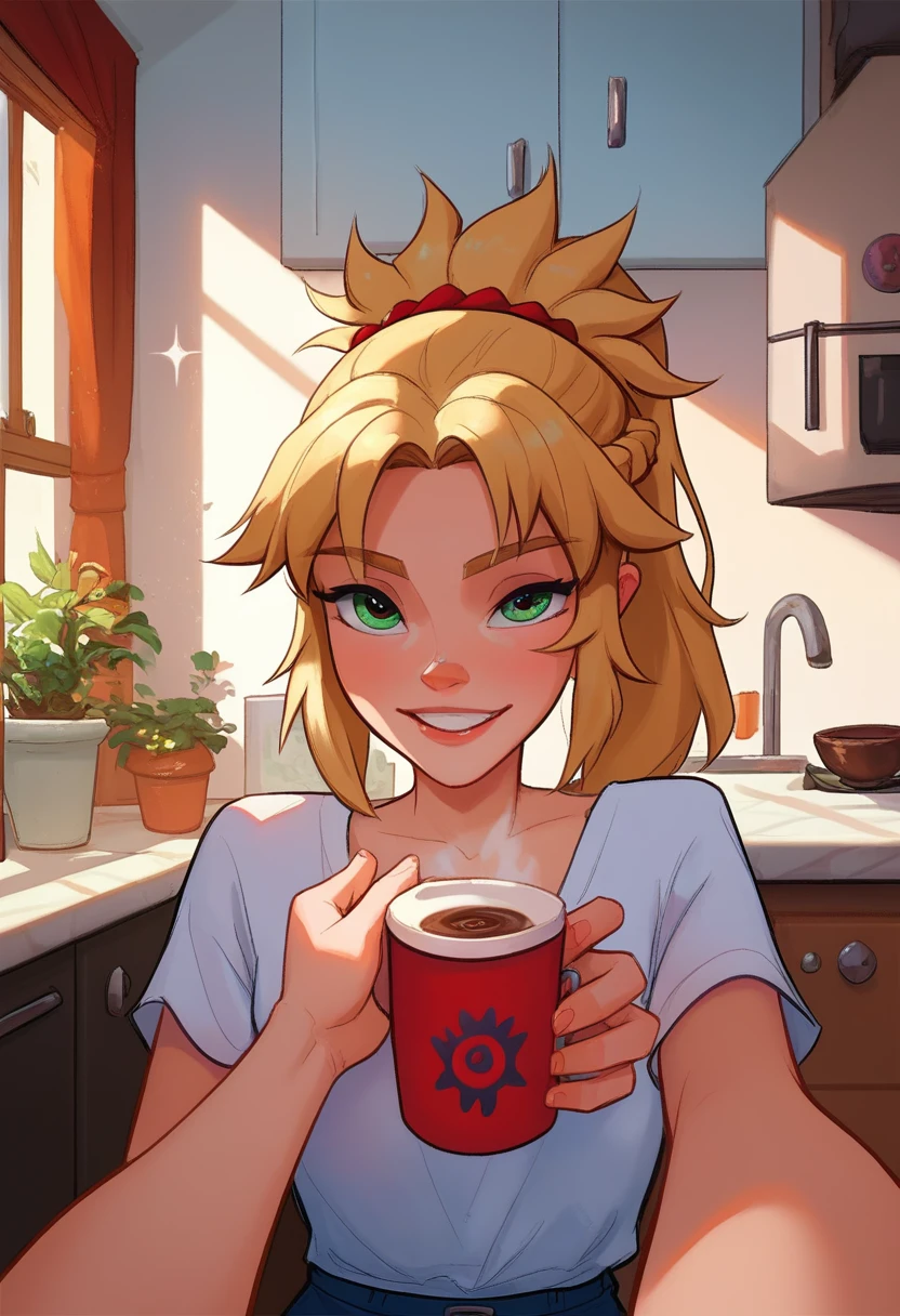 Jabstyle, mordred 18, pov, home kitchen, loving expression, offering coffee to viewer, early morning, shadows, romantic, sparkles, alluring, lewd